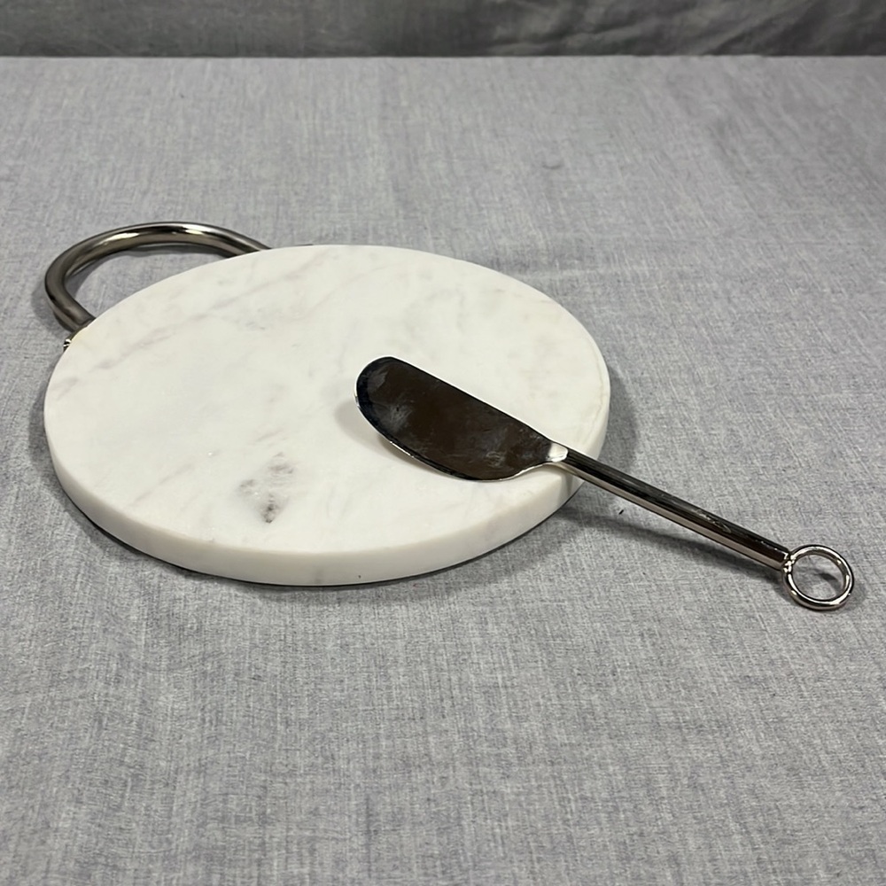 West Elm Circular Round Marble Cheese Cutting Board with Cheese Knife, 8"